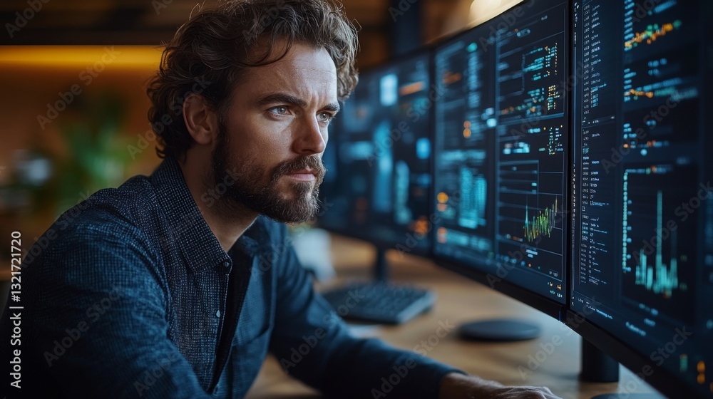 Poster A focused individual is analyzing intricate quantum algorithms related to qubits and superposition using several monitors in a contemporary office environment.