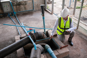 An engineer looks down into a large pipe screening pond and points his finger at the filter in the...