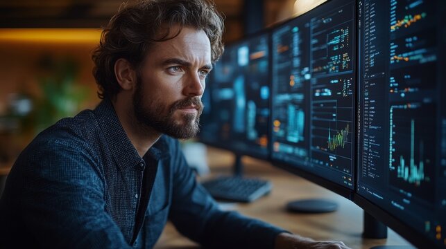 A focused individual is analyzing intricate quantum algorithms related to qubits and superposition using several monitors in a contemporary office environment.