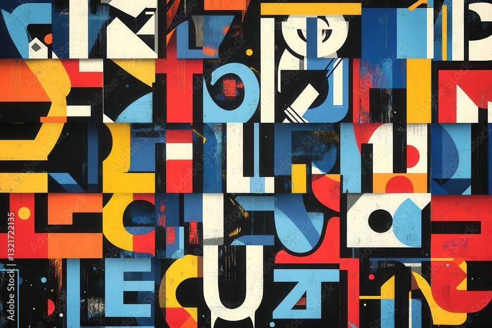 Fototapete Bold modern typographic design featuring oversized abstract text with vibrant color contrasts and overlapping letters in various styles