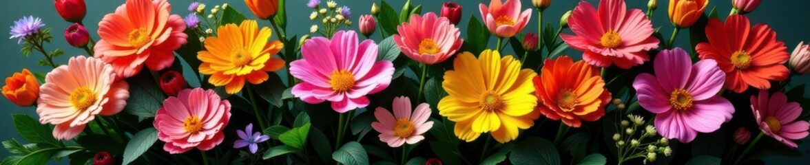 Vibrant bouquet, diverse blooms, lush greenery, high resolution, bright