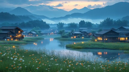 Fototapeta premium Summer evening in a tranquil Japanese village with breathtaking anime landscapes