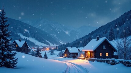 Fototapeta premium Serene Winter Village at Dusk Snow-Covered Cabins Glimmering with Warm Lights on a Snowy Path Amidst a Picturesque Mountain Range