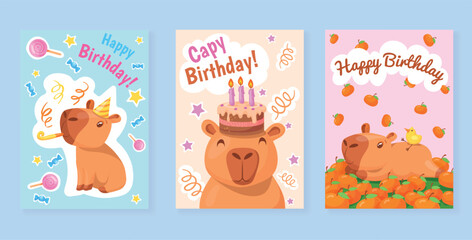 Capybara cards. Capybaras birthday party greeting card invitation posters, cute kawaii funny capibara baby animals characters child mascot cartoon drawing neat vector illustration