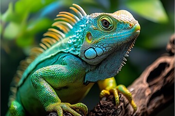 Fototapeta premium Vibrant Green Blue Iguana Reptile Wildlife Nature Closeup