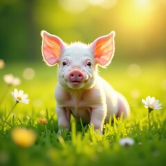 Playful piglet basking in sunlit flower meadow , stock photo, sunny day, summer