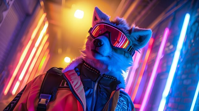 Sleek Anthro Limur in Neon Lit Streetwear Captured in Dynamic Low Angle Street Photography Composition
