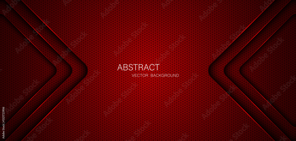 Poster Abstract red steel mesh background with red glowing lines with free space for design. Modern technology innovation concept background. Perforated dark red metal sheet for background image.	