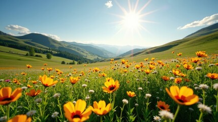 Fototapeta premium Bright spring meadow bursting with vibrant wildflowers, rolling green hills stretching under the warm daylight, creating a serene and colorful natural scene.