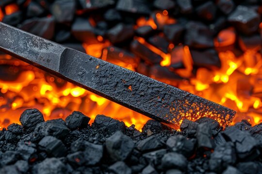 Forging metal with a hot iron tool over glowing coal at a blacksmith's workshop