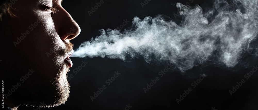 Poster a person lights up and smokes a cigarette in a dimly lit environment