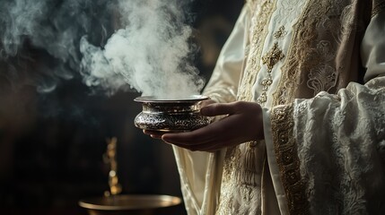 Close-up of an altar server holding a silver censer with incense smoke rising during Holy Thursday services