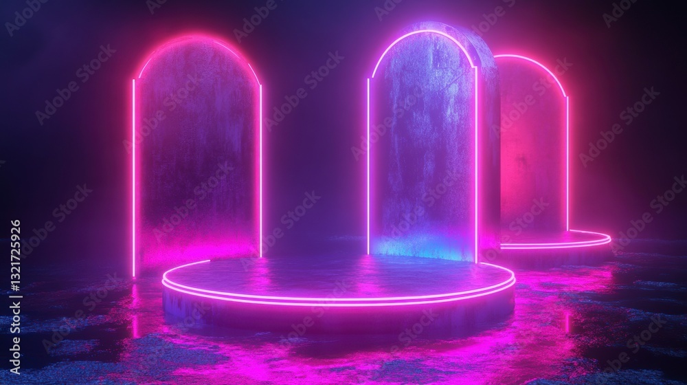 Poster neon archways, glowing pedestals, dark scene. potential use product display