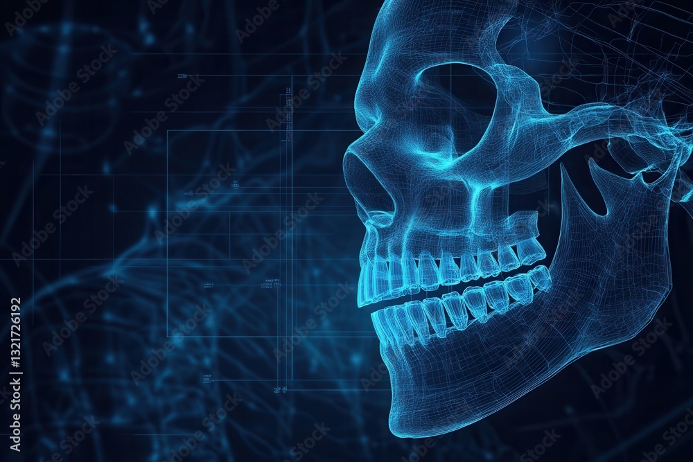 Poster blueprint of a jawbone with implants and glowing skeletal outlines on a dark medical background illu