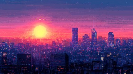 Obraz premium Pixel art cityscape at sunset with vibrant pink, purple hues and illuminated skyscrapers.