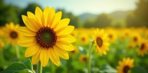 Obraz premium Single sunflower, intense yellow petals, rich brown center, summer field , close-up, yellow, vibrant