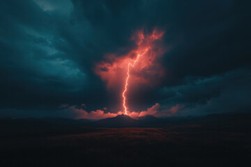 A lightning bolt is seen in the sky above a field
