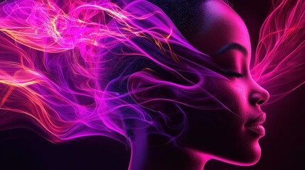 Conceptual profile of a serene woman with vibrant flowing energy emanating from her head in an abstract design

