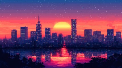 Obraz premium Pixel art cityscape at sunset with starry sky and reflective water, showcasing vibrant pink-orange hues and illuminated skyscrapers.