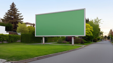 Blank green screen billboard placed in a calm suburban neighborhood with plenty of greenery, trees, and an empty road under a soft sky