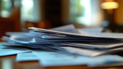 Stack of papers on wooden table, home office.