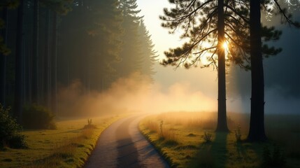 Fototapeta premium Early morning mist rolling through a quiet forest, golden sunlight piercing through tall trees. A mystical atmosphere with soft light and hazy, ethereal beauty.