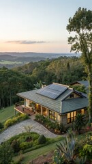 Obraz premium Hilltop Home with Solar Panels and Stunning Sunset View