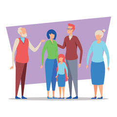 Fototapeta premium Cheerful family gathering in colorful setting. Grandparents, parents, and child, all interacting with smiles and supportive gestures