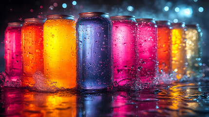 Row of Colorful Drink Cans with Splashing Water and Shimmering Light on a Dark Background for Festive Celebrations