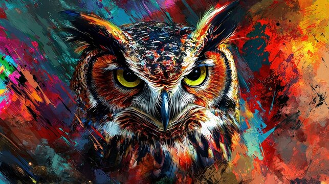 Colorful owl portrait with bold brushstrokes, symbolizing wisdom and mystery. Ideal for art prints, educational materials, or creative project.