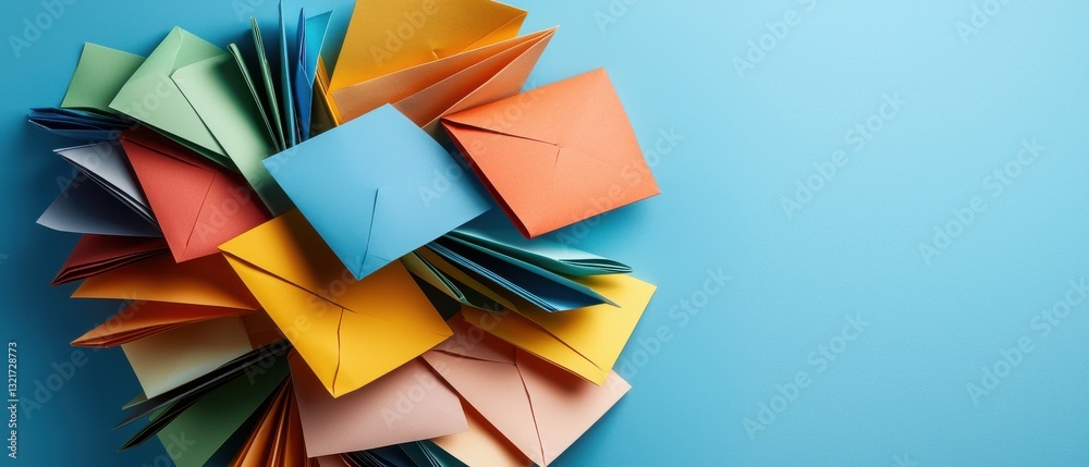 Aufkleber a pile of colorful paper envelopes with a blue background