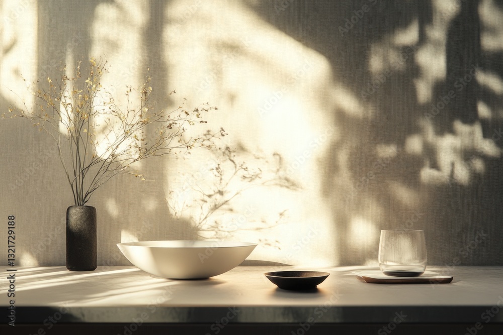 Poster a simple still life composition featuring a white bowl and a vase placed on a table