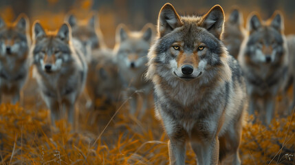 Obraz premium A pack of wolves stands alert in a golden autumn landscape, showcasing their majestic presence