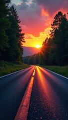 Fototapeta premium Sunset hues paint wide race track, bordering lush green woods , sunset, foliage