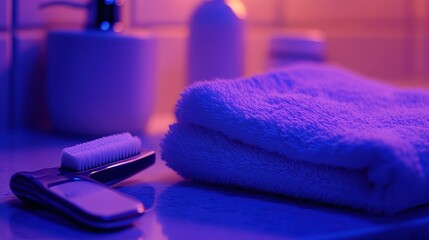 Neatly Folded Towel and Grooming Tools on Artistic Illuminated Surface
