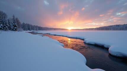Obraz premium A frozen river winds through a snowy landscape, its icy surface shimmering in the soft golden glow of sunrise, a serene and tranquil winter scene.