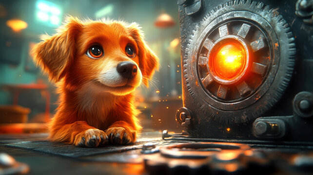 A cute, reddish-brown puppy sits on a metallic platform, gazing curiously at the viewer within a high-tech setting The backdrop features an intricate mechanical structure with an oran - AI-Generated