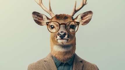 funny portrait of deer in classic suit with glasses on light background, clerk, leader