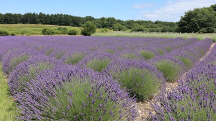 A vibrant lavender field in full bloom under a clear blue sky.