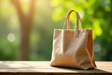 A Light Beige Reusable Shopping Bag Rests on Wooden Surface Outdoors in Sunlight