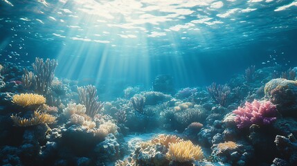 Fototapeta premium Breathtaking underwater scene showing bleached coral reefs marine life struggling contrast between vibrant and dead coral ultra detailed marine textures realistic lighting