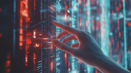 Human hands interact with floating data graphs, the future of AI, and 3D illustration.