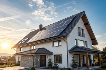 Eco-Friendly House with Solar Panels on the Roof at Sunset