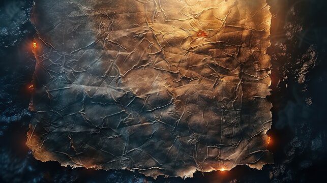 A rough parchment sheet with burnt edges rests quietly, illuminated by soft ambient light, enhancing its ancient aura