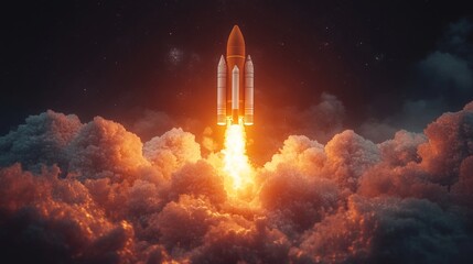 Fototapeta premium Powerful Space Rocket Launching Through Clouds at Night Dramatic Space Flight