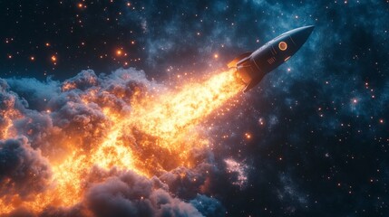 Fototapeta premium Fiery Rocket Launch into Cosmic Nebula Spacecraft Ascending Through Starry Night Sky