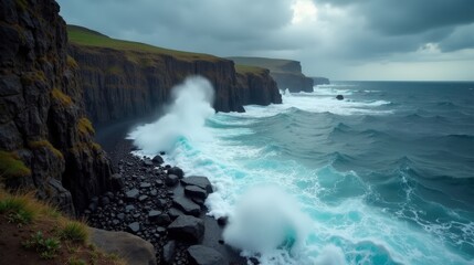 Towering coastal cliffs battered by massive waves, dark storm clouds looming overhead. A dramatic seascape with foamy water crashing against rugged rocks.