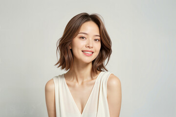 A woman with short brown hair and a white tank top is smiling
