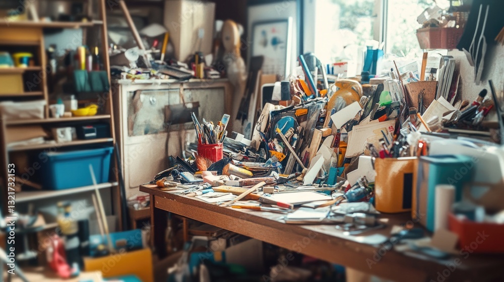 Poster image of a cluttered workbench with various tools and equipment for diy projects or woodworking