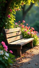 Naklejka premium Wooden bench bathed in sunlight, colorful flowers surrounding it , wood, background
